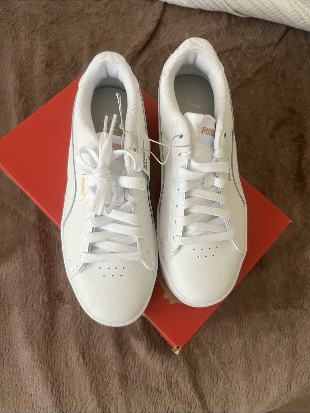 Puma White Leather Low-Top Sneakers with Gold Accents - never worn!